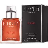 CK Eternity For Men Flame Eau de Toilette, 100ml, red-orange glass bottle with silver cap, black box packaging.
