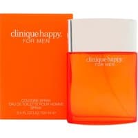 Clinique Happy for Men Cologne Spray, 100ml, in transparent orange bottle with silver cap, orange box packaging.
