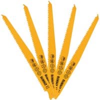 Yellow DeWalt 150mm bi-metal reciprocating saw blades, 5 pack, with black text and icons for cutting wood with nails.