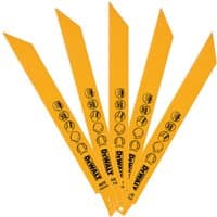 Yellow Dewalt 152mm bi-metal reciprocating saw blades, 5 pack, with black text and icons for metal cutting.
