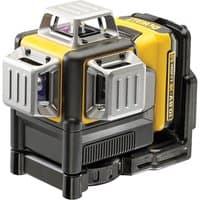 Yellow and black DeWalt green line laser with protective casing and rechargeable battery pack.