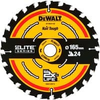 Dewalt circular saw blade 165mm, 24 teeth, black and yellow design with "Nail Tough" and "Elite Series" text.
