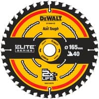 DeWalt circular saw blade, 165mm diameter, 40 teeth, yellow and black design with "Nail Tough" and "Elite Series" text.
