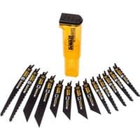 Dewalt 13 piece reciprocating saw blade set, black blades with yellow branding, includes yellow storage case.