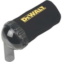Black DeWalt dust bag with yellow logo, cylindrical shape, and transparent connector for DCP580 planer.