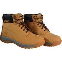Wheat-colored nubuck hiker boots by Dewalt with black collar, metal eyelets, and rugged soles.