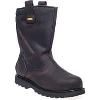 Brown Dewalt rigger safety boots with pull-on loops, reinforced toe, and rugged sole, size UK 8 EUR 42.