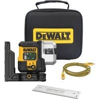 Dewalt green beam laser level with black and yellow casing, includes carrying case, USB cable, and metal ruler.