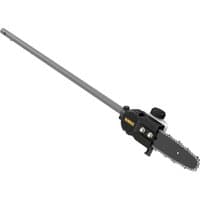 Dewalt 18V XR pole saw attachment with long silver shaft and black cutting head featuring a small chainsaw blade.