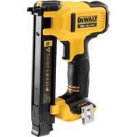 Yellow and black DeWalt 18V XR electrician's stapler with ergonomic grip and metal belt hook.