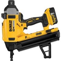 Yellow and black DeWalt 18V XR brushless concrete nailer with two 5.0Ah batteries, ergonomic handle, and magazine.