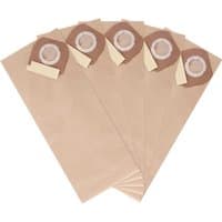 Set of five beige paper dust bags with circular brown seals for Dewalt DCV586M Dust Extractor.