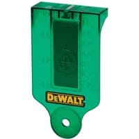 Green Dewalt laser target card with measurement markings and central target crosshair, featuring Dewalt logo at bottom.