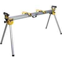 Silver and yellow DeWalt universal leg stand with adjustable brackets and foldable legs.