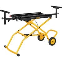 Yellow and black DeWalt mitre saw stand with folding legs and rolling wheels.