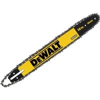 Yellow and black DeWalt chainsaw bar, 46cm, with logo and chain teeth along the edges.