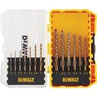 Yellow and black DeWalt 13-piece metal drilling set in a plastic case with various drill bit sizes displayed.