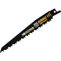 Black DeWalt reciprocating blade, 152mm, 4/6 TPI, with yellow branding and jagged teeth for cutting wood with nails.