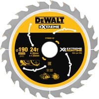 Dewalt circular saw blade, 190mm diameter, 24 teeth, silver with yellow and black center, XR FlexVolt branding.