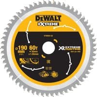 Dewalt circular saw blade, 190mm diameter, 30mm arbor, 60 teeth, silver with yellow and black center design.