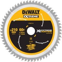 Dewalt 210mm table saw blade, 60 teeth, silver with yellow and black center featuring branding and specifications.