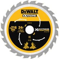 Dewalt circular saw blade, 216mm diameter, 24 teeth, yellow and black design with XR Extreme Runtime branding.