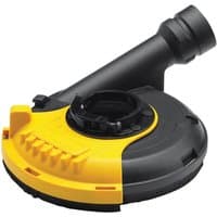 Yellow and black DeWalt surface grinding shroud with dust extraction port and adjustable guard.