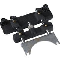 Black DeWalt router attachment with metal guide rail, featuring adjustment knobs and sturdy construction.