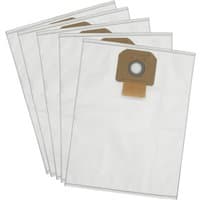 Pack of five white fleece dust bags with brown cardboard collar for DeWalt vacuums.