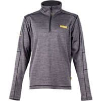 Gray Dewalt 1/4 zip mid-layer fleece with black seams and yellow logo on chest, long sleeves with stitched details.