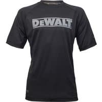 Black Dewalt Power Tools t-shirt with gray logo on chest, short sleeves, and lightweight fabric.