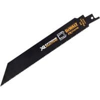 Black DeWalt XR FlexVolt reciprocating saw blade with yellow branding and pointed tip, designed for cutting wood.
