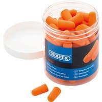 Jar of orange Draper disposable ear plugs, 50 pairs, with white lid and blue label.