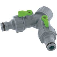 Gray Draper 1/2" switchable tap outlet with dual connectors and green levers for water flow control.