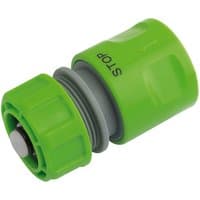 Green Draper 1/2" garden hose connector with water stop, featuring a ribbed grip and cylindrical design.