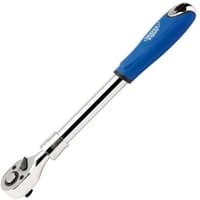 Draper 1/2" square drive ratchet with 72 teeth, extending handle, chrome finish, and blue ergonomic grip.