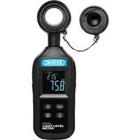 Black Draper handheld digital light level meter with LCD screen, four buttons, and a detachable sensor cap.