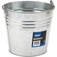 Galvanised steel bucket by Draper, 12L capacity, silver finish with a black and blue label, metal handle.