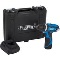 "Draper blue and black 12V drill driver with 1.5Ah battery, fast charger, and black carrying case"