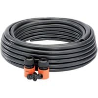 Black coiled soaker hose with orange connectors, 15m length, 12mm bore, perforated for efficient watering.