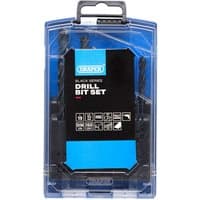 Black HSS drill bit set in a transparent blue plastic case with Draper branding and 19 pieces neatly arranged inside.