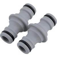 Gray Draper 2 Way Hose Connectors with dual O-rings and ribbed design for secure garden hose attachment.