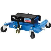 Blue Draper 200kg floor transmission jack with black saddle, hydraulic lift, and four swivel caster wheels.