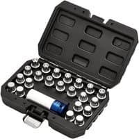 Black Draper 23 Piece VAG Locking Wheel Socket Set in a sturdy case with organized silver sockets and a blue adapter.