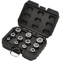 Black Draper 3/8" drive 11 piece bolt extractor socket set in a sturdy black case with secure latch.