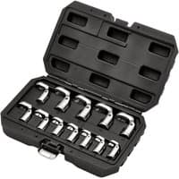 Draper 3/8" drive 12-piece flexible crowfoot socket wrench set in black molded case with metal latch.