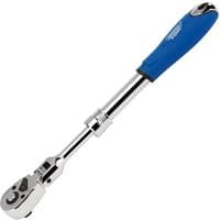 Draper 3/8'' ratchet with flexible head, 72-tooth mechanism, extending handle, and blue rubber grip.