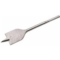 Flat chisel drill bit by Draper, silver metal, flat spade-shaped head with sharp edges and long cylindrical shank.