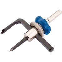 Draper adjustable hole cutter with silver body, blue adjustment knob, and dual black cutting arms.