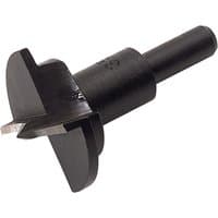 Black Draper 4766 35mm hinge hole cutter with cylindrical shank and dual cutting blades.